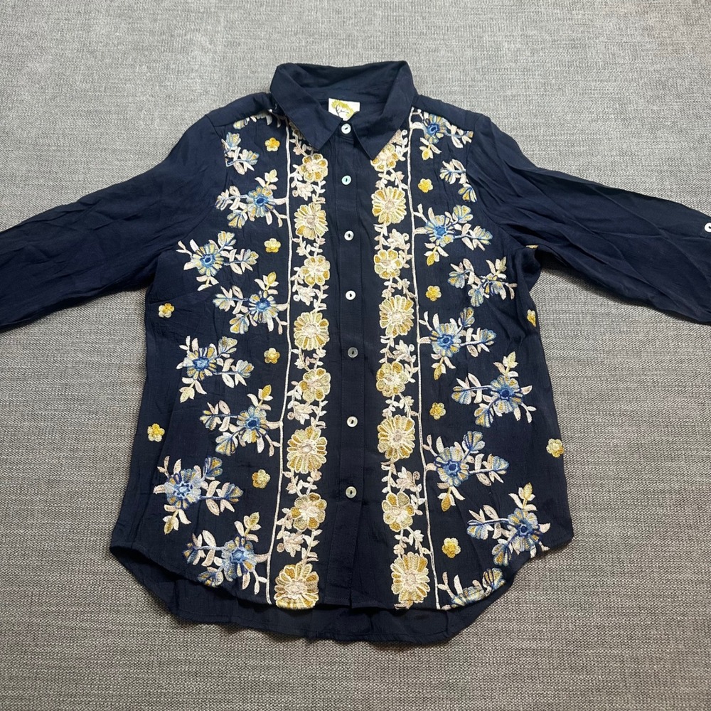 Anthropologie Fig and Flower Blouse Women Navy Floral Embroidered Button Front